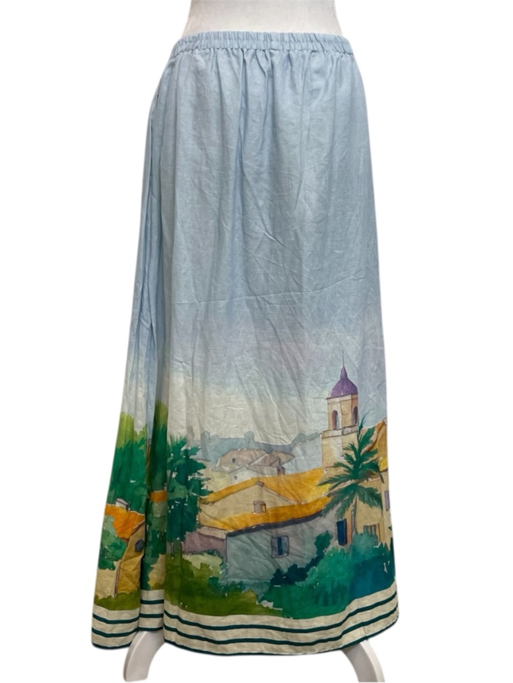 Calypso St Barth Light Blue Linen Blend Village Seascape Maxi Skirt - Picture 3 of 10